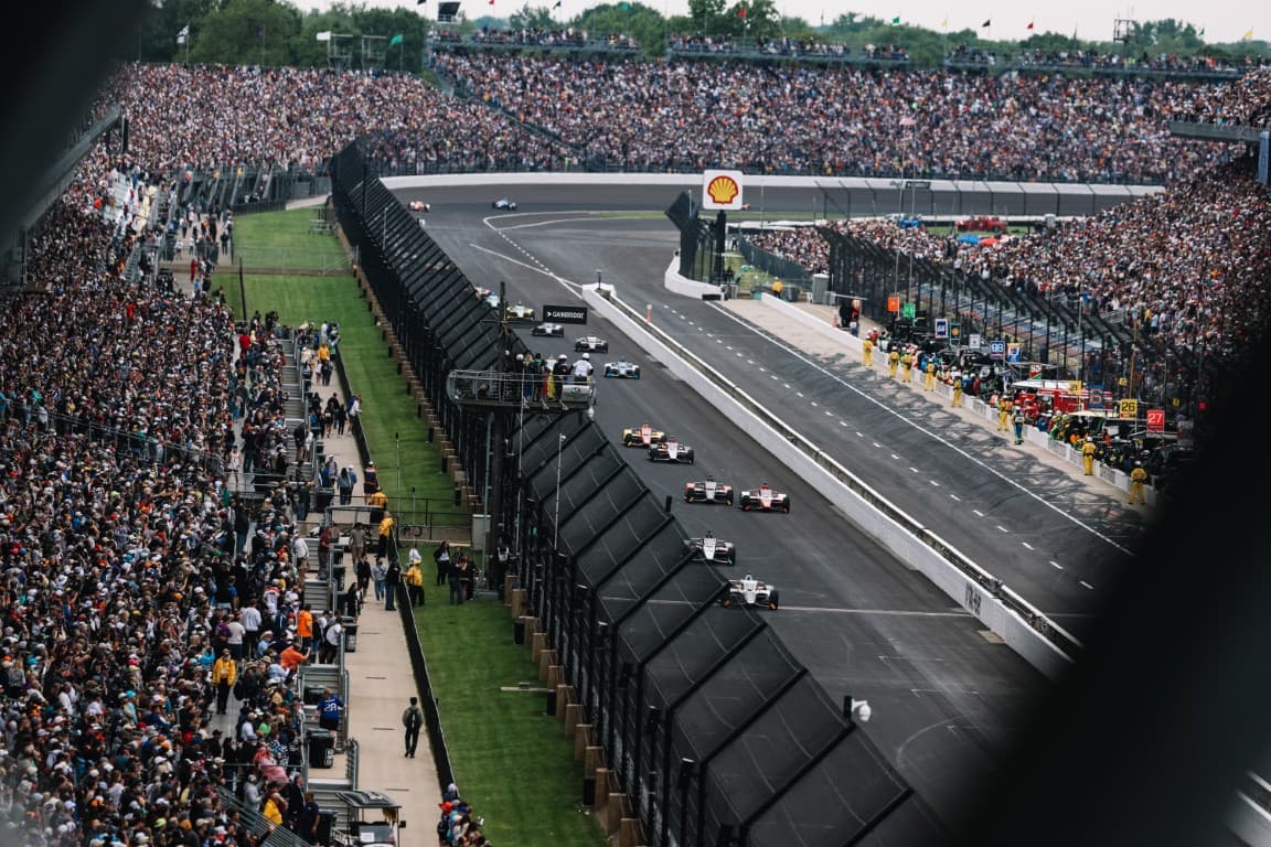 Far shot of the IMS grandstands with fans filling the seats